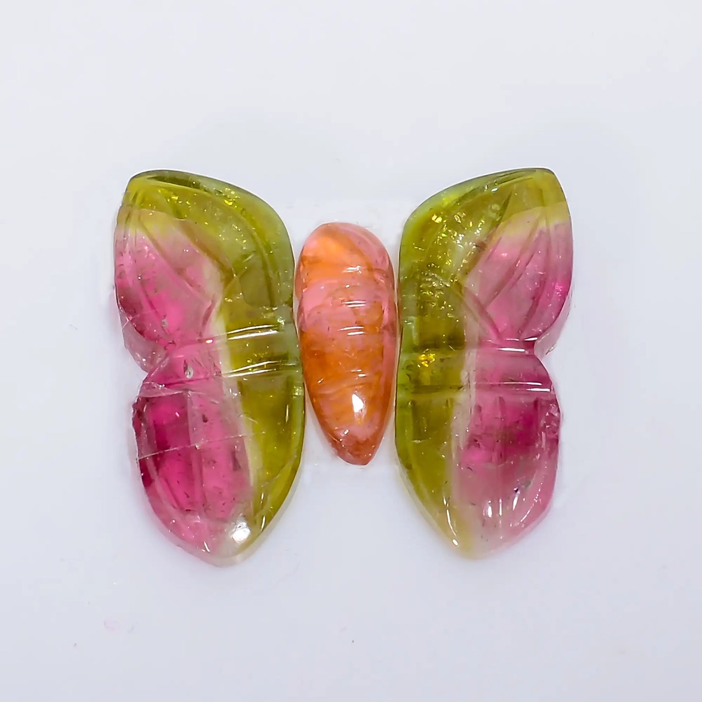 Fabulous Top Grade Quality 100% Natural Watermelon Tourmaline Butterfly Carved Gemstone 3 Pcs For Making Jewelry 7.5 Ct. 10X3 16X6 mm V-7563