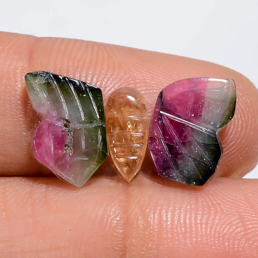 Fantastic Top Grade Quality 100% Natural Watermelon Tourmaline Butterfly Carved Gemstone 3 Pcs For Making Jewelry 5 Ct. 8X3 10X6 mm V-7564