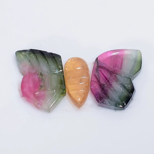 Fantastic Top Grade Quality 100% Natural Watermelon Tourmaline Butterfly Carved Gemstone 3 Pcs For Making Jewelry 5 Ct. 8X3 10X6 mm V-7564