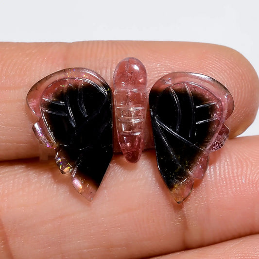 Gorgeous Top Grade Quality 100% Natural Watermelon Tourmaline Butterfly Carved Gemstone 3 Pcs For Making Jewelry 9 Ct. 12X3 15X10 mm V-7565