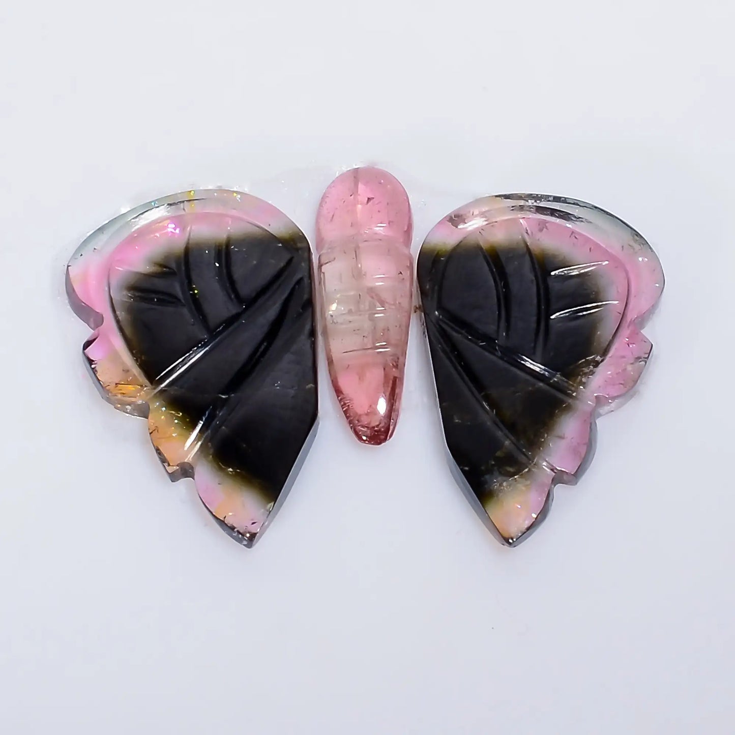 Gorgeous Top Grade Quality 100% Natural Watermelon Tourmaline Butterfly Carved Gemstone 3 Pcs For Making Jewelry 9 Ct. 12X3 15X10 mm V-7565