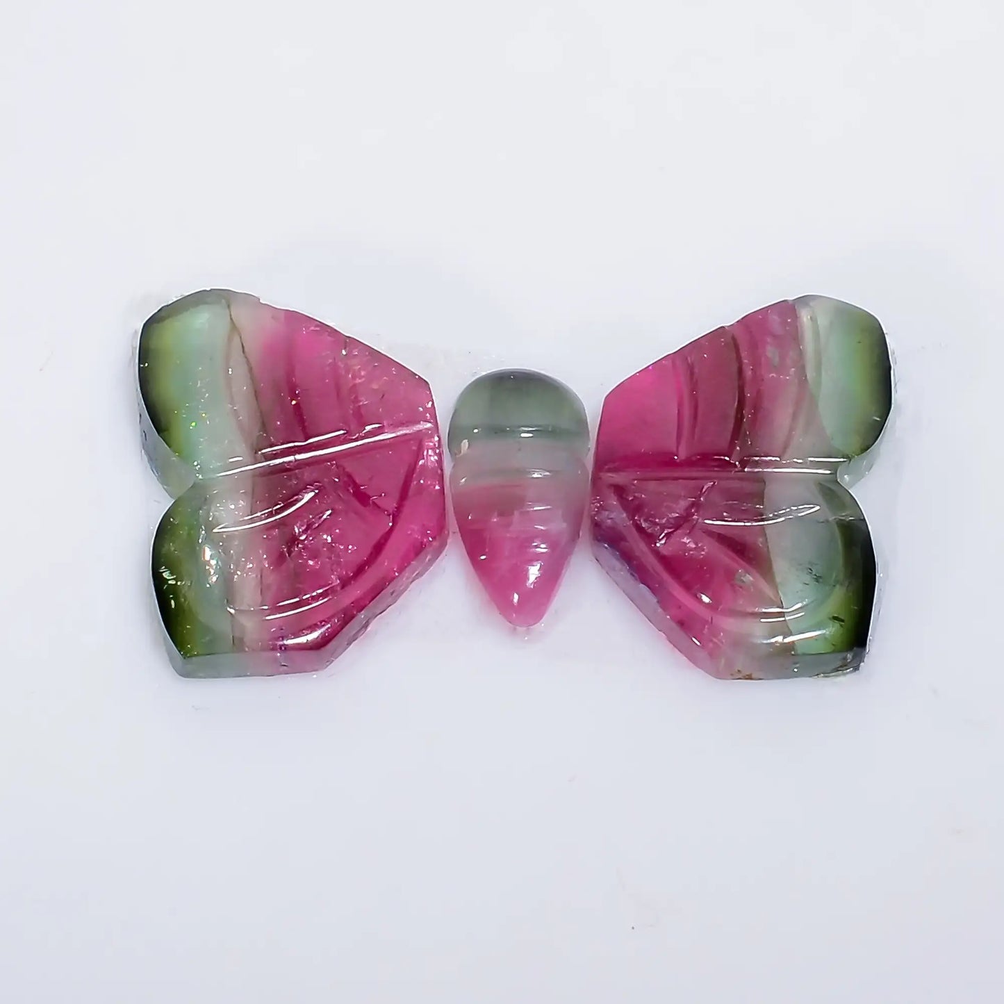 Immaculate Top Grade Quality 100% Natural Watermelon Tourmaline Butterfly Carved Gemstone 3 Pcs For Making Jewelry 7 Ct. 7X3 12X8 mm V-7566