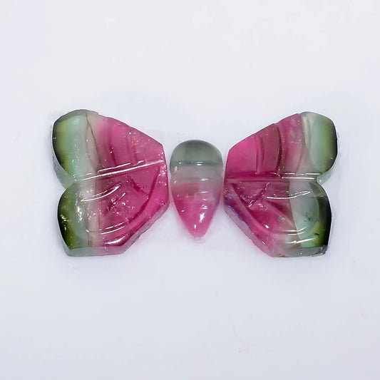 Immaculate Top Grade Quality 100% Natural Watermelon Tourmaline Butterfly Carved Gemstone 3 Pcs For Making Jewelry 7 Ct. 7X3 12X8 mm V-7566