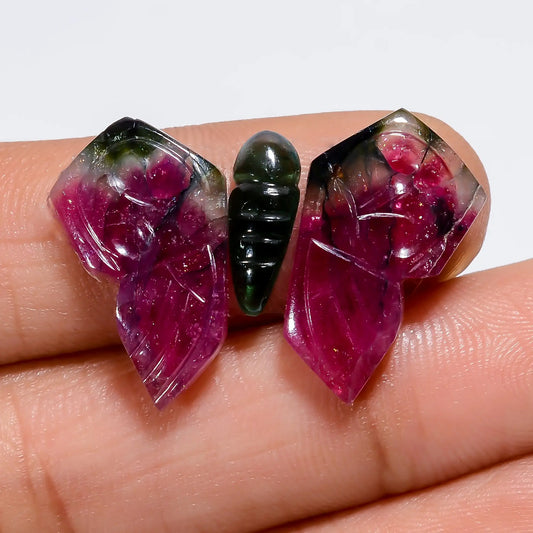 Incredible Top Grade Quality 100% Natural Watermelon Tourmaline Butterfly Carved Gemstone 3 Pcs For Making Jewelry 16 Ct 12X3 19X10 mm V-7567