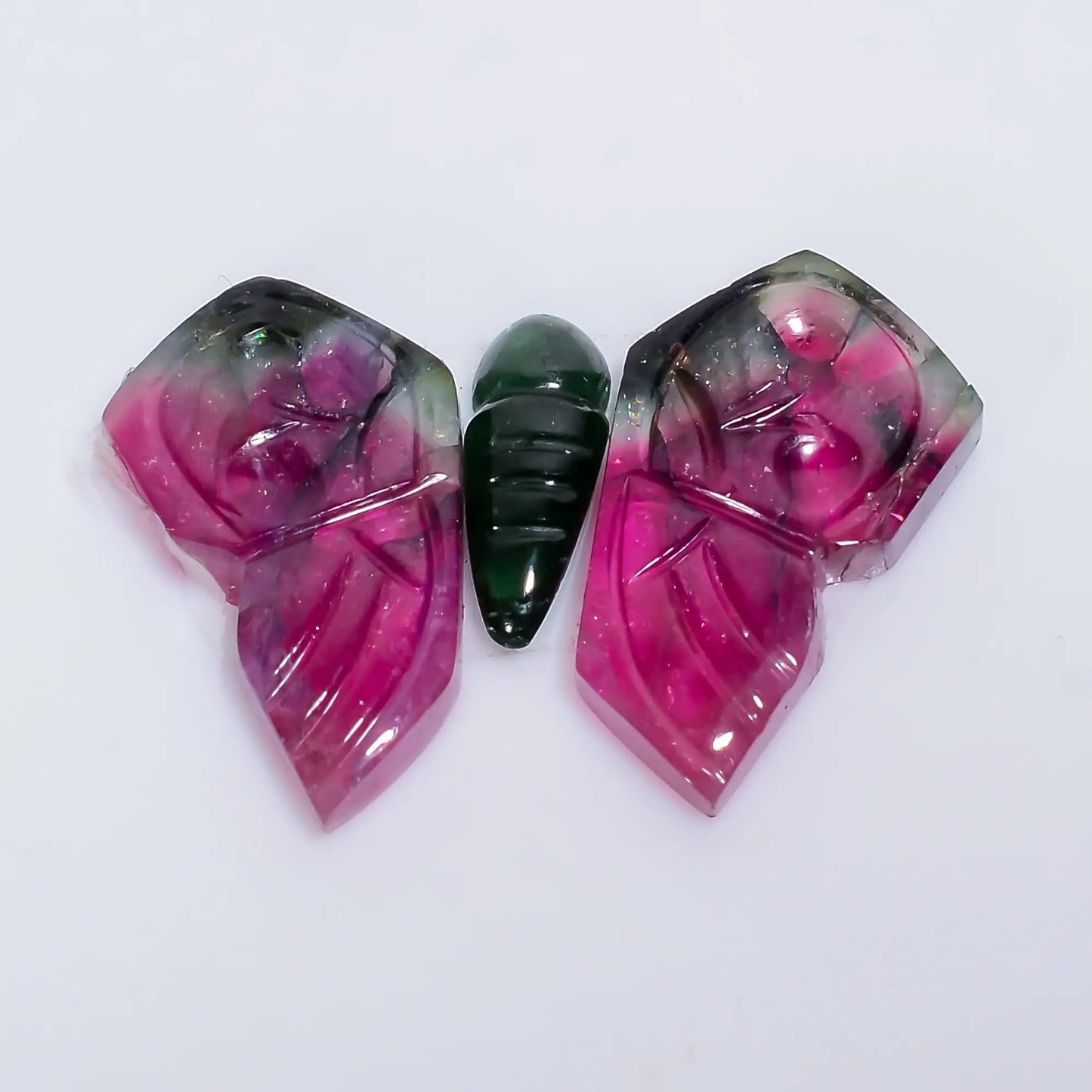 Incredible Top Grade Quality 100% Natural Watermelon Tourmaline Butterfly Carved Gemstone 3 Pcs For Making Jewelry 16 Ct 12X3 19X10 mm V-7567