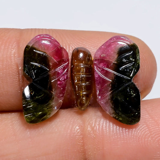 Marvellous Top Grade Quality 100% Natural Watermelon Tourmaline Butterfly Carved Gemstone 3 Pcs For Making Jewelry 8.5 Ct 10X2 15X7 mm V-7568