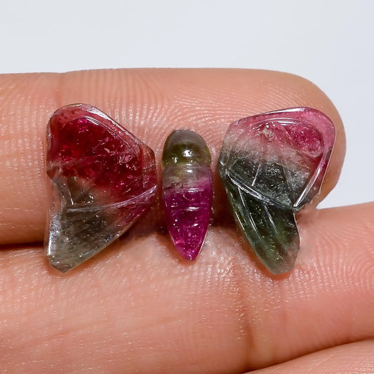 Mind Blowing A One Quality 100% Natural Watermelon Tourmaline Butterfly Carved Gemstone 3 Pcs For Making Jewelry 6.5 Ct. 10X3 13X7 mm V-7569