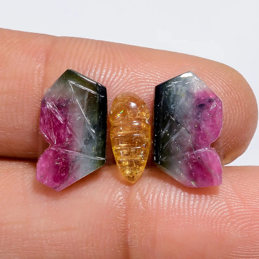 Outstanding Top Grade Quality 100% Natural Watermelon Tourmaline Butterfly Carved Gemstone 3 Pcs For Making Jewelry 6 Ct. 9X3 13X7 mm V-7570