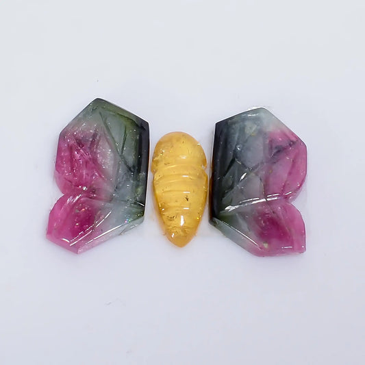 Outstanding Top Grade Quality 100% Natural Watermelon Tourmaline Butterfly Carved Gemstone 3 Pcs For Making Jewelry 6 Ct. 9X3 13X7 mm V-7570