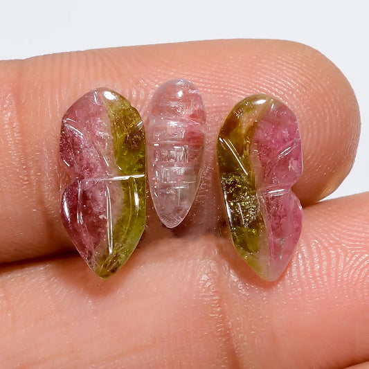 Splendid Top Grade Quality 100% Natural Watermelon Tourmaline Butterfly Carved Gemstone 3 Pcs For Making Jewelry 5 Ct. 10X3 13X5 mm V-7571