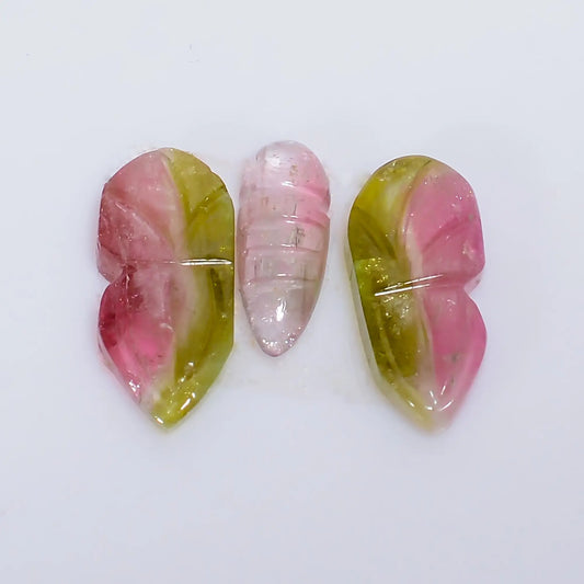 Splendid Top Grade Quality 100% Natural Watermelon Tourmaline Butterfly Carved Gemstone 3 Pcs For Making Jewelry 5 Ct. 10X3 13X5 mm V-7571