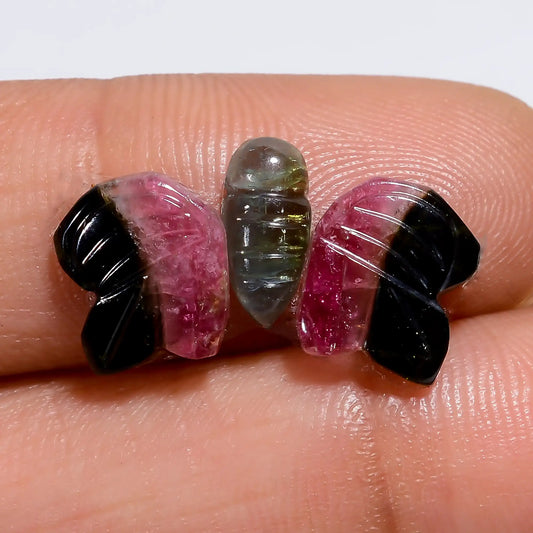 Superb Top Grade Quality 100% Natural Watermelon Tourmaline Butterfly Shape Carved Gemstone 3 Pcs For Making Jewelry 5 Ct. 8X3 9X7 mm V-7572