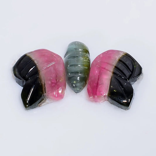 Superb Top Grade Quality 100% Natural Watermelon Tourmaline Butterfly Shape Carved Gemstone 3 Pcs For Making Jewelry 5 Ct. 8X3 9X7 mm V-7572