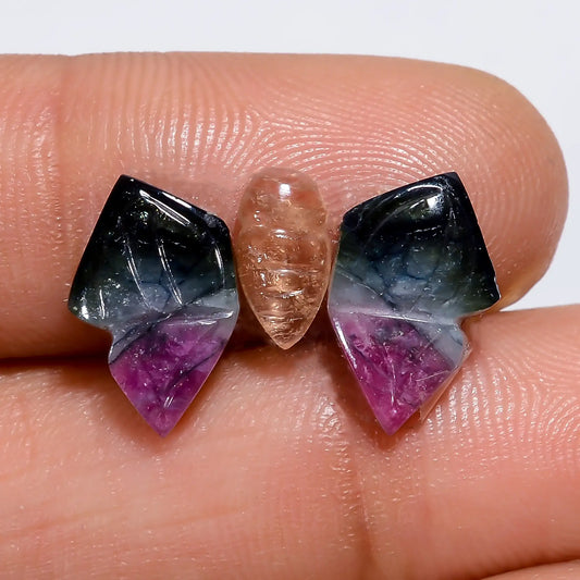 Stunning Top Grade Quality 100% Natural Watermelon Tourmaline Butterfly Shape Carved Gemstone 3 Pcs For Making Jewelry 5 Ct 8X3 12X7 mm V-7573