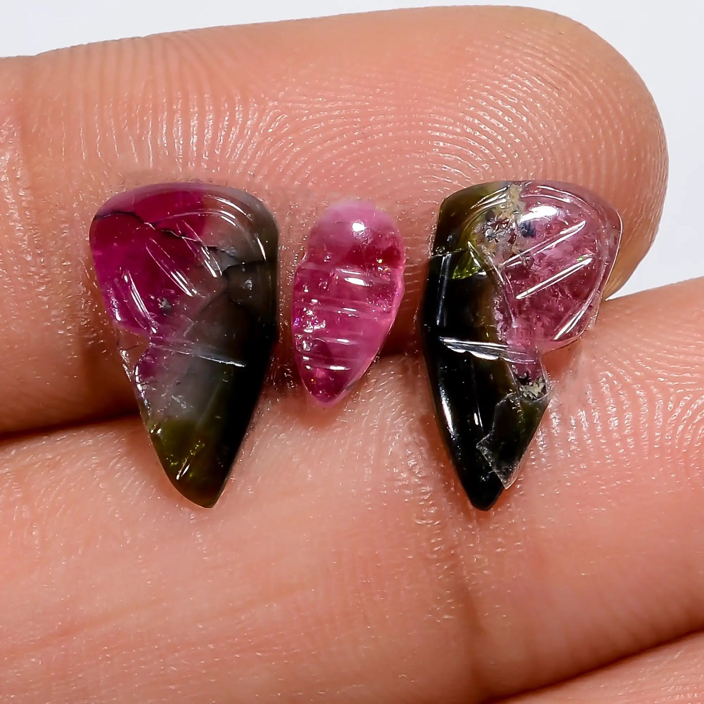 Supreme Top Grade Quality 100% Natural Watermelon Tourmaline Butterfly Carved Gemstone 3 Pcs For Making Jewelry 3.5 Ct. 7X3 12X6 mm V-7574