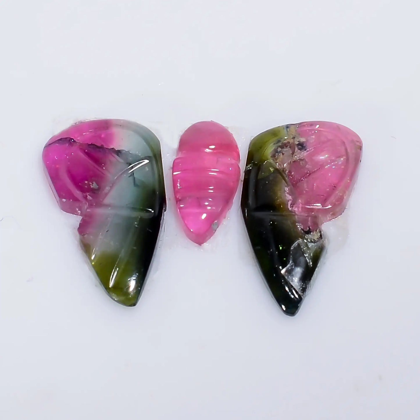 Supreme Top Grade Quality 100% Natural Watermelon Tourmaline Butterfly Carved Gemstone 3 Pcs For Making Jewelry 3.5 Ct. 7X3 12X6 mm V-7574