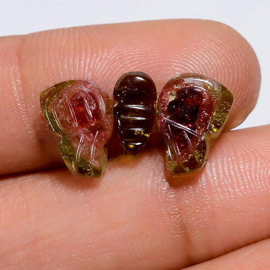 Tempting Top Grade Quality 100% Natural Watermelon Tourmaline Butterfly Shape Carved Gemstone 3 Pcs For Making Jewelry 6 Ct 7X3 9X6 mm V-7575