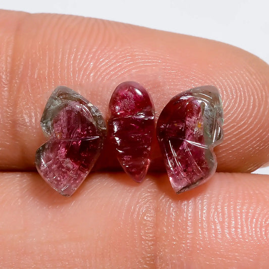 Terrific Top Grade Quality 100% Natural Watermelon Tourmaline Butterfly Carved Gemstone 3 Pcs For Making Jewelry 3.5 Ct. 8X3 9X5 mm V-7576