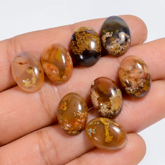 Indonesian Moss Agate Oval Shape Cabochon Loose Gemstone 8 Pcs Lot Natural 46.5 Ct. 13X9X4 mm V-7582