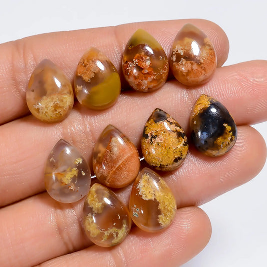 Classic Top Grade Quality 100% Natural Indonesian Moss Agate Pear Shape Cabochon Gemstone 10 Pcs Lot For Making Jewelry 54 Ct 13X9X4 mm V-7583