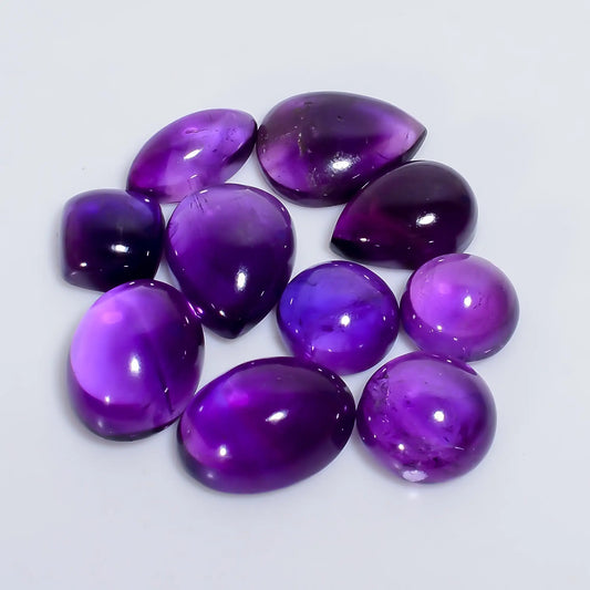 Fabulous Top Grade Quality 100% Natural Amethyst Mix Shape Cabochon Loose Gemstone 10 Pcs Lot For Making Jewelry 68.5 Ct 9X8 15X11 mm V-7588