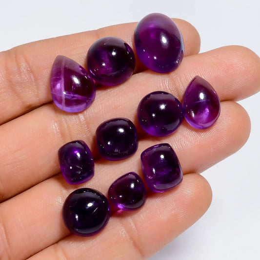 Gorgeous Top Grade Quality 100% Natural Amethyst Mix Shape Cabochon Loose Gemstone 10 Pcs Lot For Making Jewelry 55.5 Ct 8X8 15X11 mm V-7590