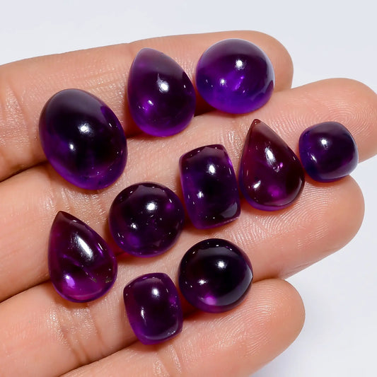 Marvellous Top Grade Quality 100% Natural Amethyst Mix Shape Cabochon Loose Gemstone 10 Pcs Lot For Making Jewelry 58.5 Ct 8X8 15X11 mm V-7593