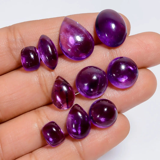 Amethyst Mix Shape Shape Cabochon Loose Gemstone 10 Pcs Lot Natural 53.5 Ct. 8X6 17X12 mm V-7594