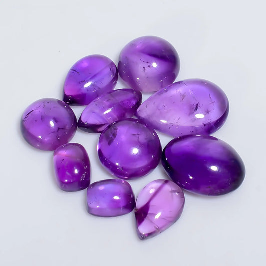 Amethyst Mix Shape Shape Cabochon Loose Gemstone 10 Pcs Lot Natural 53.5 Ct. 8X6 17X12 mm V-7594