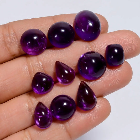 Splendid Top Grade Quality 100% Natural Amethyst Mix Shape Cabochon Loose Gemstone 10 Pcs Lot For Making Jewelry 55.5 Ct 9X7 15X11 mm V-7595