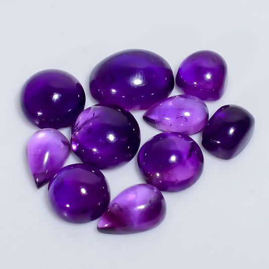 Splendid Top Grade Quality 100% Natural Amethyst Mix Shape Cabochon Loose Gemstone 10 Pcs Lot For Making Jewelry 55.5 Ct 9X7 15X11 mm V-7595