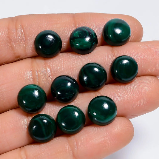 Unique Top Grade Quality 100% Natural Malachite Round Shape Cabochon Loose Gemstone 10 Pcs Lot For Making Jewelry 58.5 Ct. 9X9X4 mm V-7624