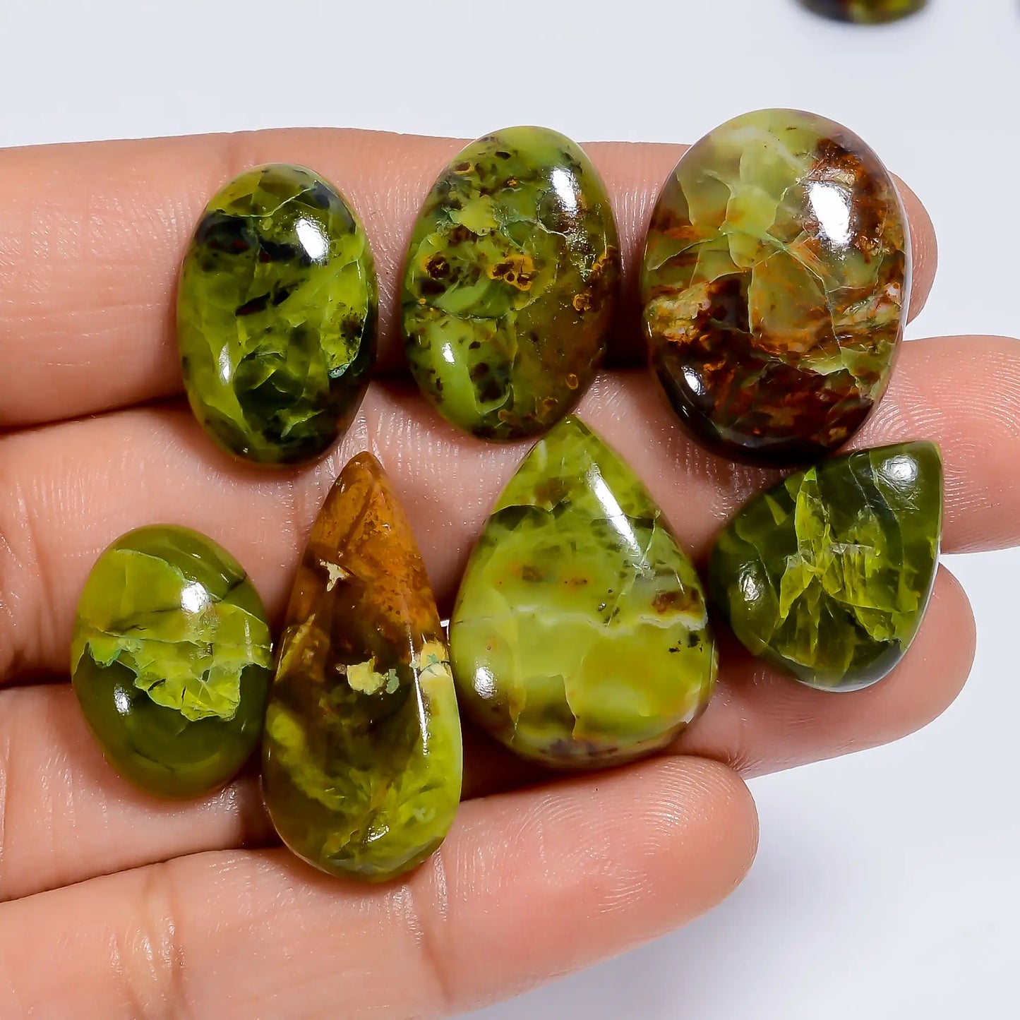 Dazzling Top Grade Quality 100% Natural Green Opal Cabochon Loose Gemstone 10 Pcs Lot For Making Jewelry 128 Ct. 17X13 27X13 mm V-7656