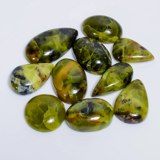 Green Opal Mix Shape Shape Cabochon Loose Gemstone 10 Pcs Lot Natural 102 Ct. 17X10 25X13 mm V-7661