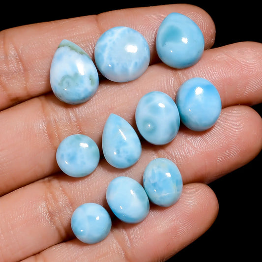 Supreme Top Grade Quality 100% Natural Larimar Mix Shape Cabochon Loose Gemstone 10 Pcs Lot For Making Jewelry 43.5 Ct. 7X7 13X9 mm V-7671