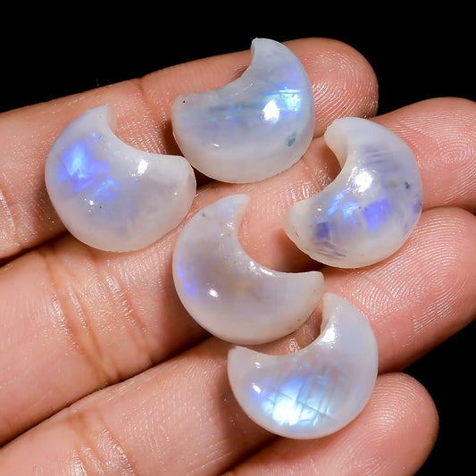 Attractive A One Quality 100% Natural Rainbow Moonstone Crescent Moon Cabochon Gemstone 5 Pcs Lot For Making Jewelry 59 Ct 14X11X7 mm V-7677