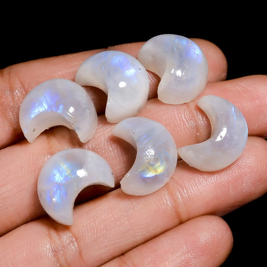 Awesome A One Quality 100% Natural Rainbow Moonstone Crescent Moon Cabochon Gemstone 6 Pcs Lot For Making Jewelry 64.5 Ct. 14X11X6 mm V-7678