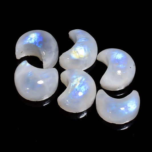 Awesome A One Quality 100% Natural Rainbow Moonstone Crescent Moon Cabochon Gemstone 6 Pcs Lot For Making Jewelry 64.5 Ct. 14X11X6 mm V-7678