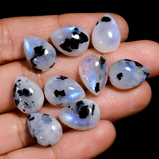 Beautiful Top Grade Quality 100% Natural Rainbow Moonstone Pear Shape Cabochon Gemstone 9 Pcs Lot For Making Jewelry 62 Ct. 13X9X5 mm V-7679