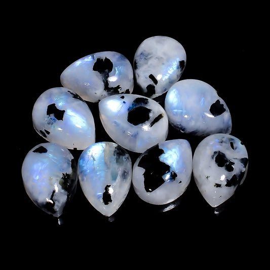 Beautiful Top Grade Quality 100% Natural Rainbow Moonstone Pear Shape Cabochon Gemstone 9 Pcs Lot For Making Jewelry 62 Ct. 13X9X5 mm V-7679