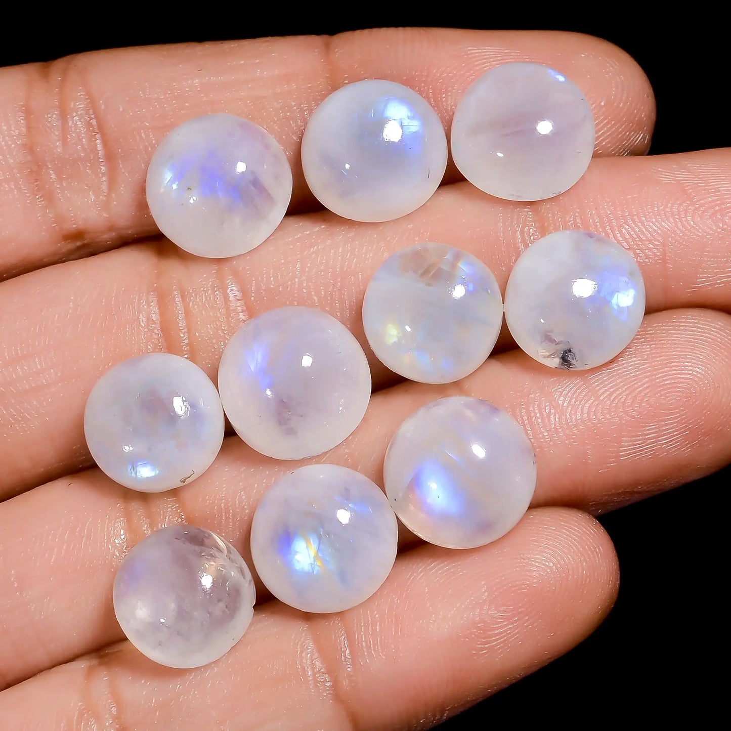 Classic Top Grade Quality 100% Natural Rainbow Moonstone Round Shape Cabochon Gemstone 10 Pcs Lot For Making Jewelry 52 Ct 9X9 10X10 mm V7680