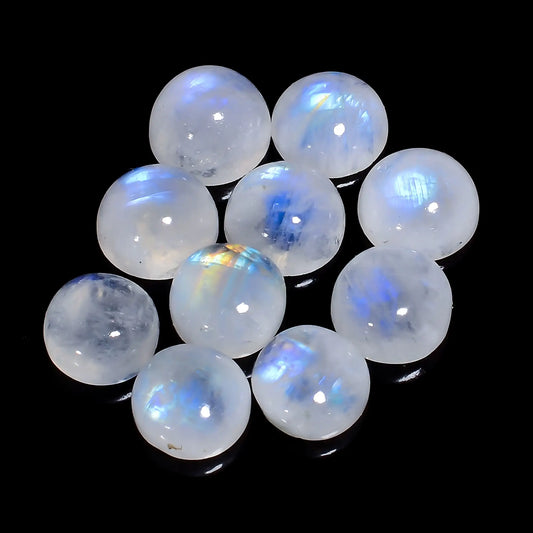 Classic Top Grade Quality 100% Natural Rainbow Moonstone Round Shape Cabochon Gemstone 10 Pcs Lot For Making Jewelry 52 Ct 9X9 10X10 mm V7680