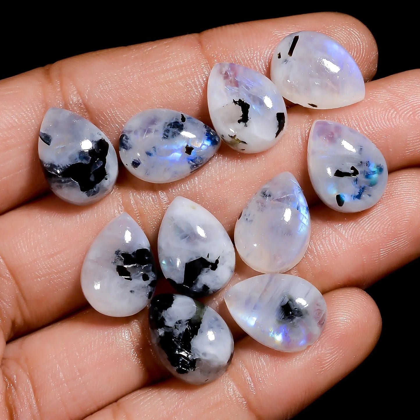 Dazzling Top Grade Quality 100% Natural Rainbow Moonstone Pear Shape Cabochon Gemstone 10 Pcs Lot For Making Jewelry 66.5 Ct 13X9X4 mm V-7681