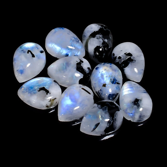 Dazzling Top Grade Quality 100% Natural Rainbow Moonstone Pear Shape Cabochon Gemstone 10 Pcs Lot For Making Jewelry 66.5 Ct 13X9X4 mm V-7681