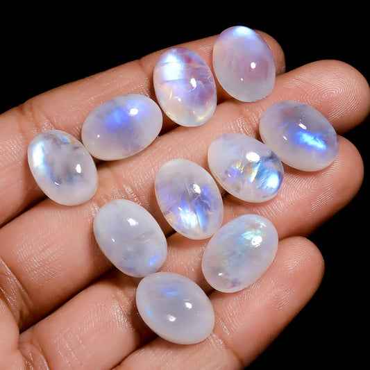 Rainbow Moonstone Oval Shape Cabochon Loose Gemstone 10 Pcs Lot Natural 73 Ct. 13X9X6 mm V-7682