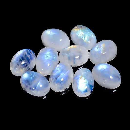 Rainbow Moonstone Oval Shape Cabochon Loose Gemstone 10 Pcs Lot Natural 73 Ct. 13X9X6 mm V-7682