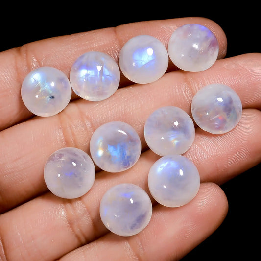 Exclusive Top Grade Quality 100% Natural Rainbow Moonstone Round Cabochon Gemstone 10 Pcs Lot For Making Jewelry 55.5 Ct. 10X10X5 mm V-7683