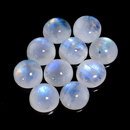 Exclusive Top Grade Quality 100% Natural Rainbow Moonstone Round Cabochon Gemstone 10 Pcs Lot For Making Jewelry 55.5 Ct. 10X10X5 mm V-7683