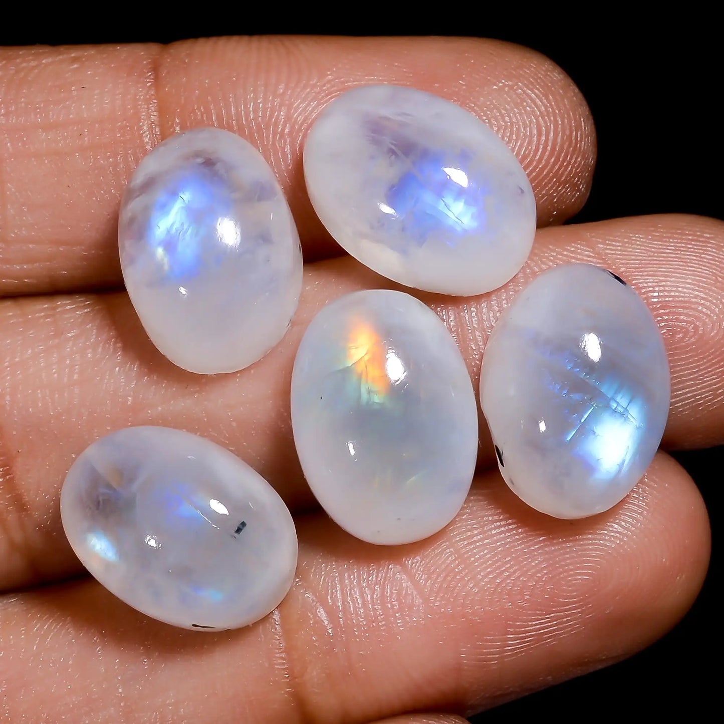 Elegant Top Grade Quality 100% Natural Rainbow Moonstone Oval Shape Cabochon Gemstone 5 Pcs Lot For Making Jewelry 36.5 Ct. 13X9X5 mm V-7684