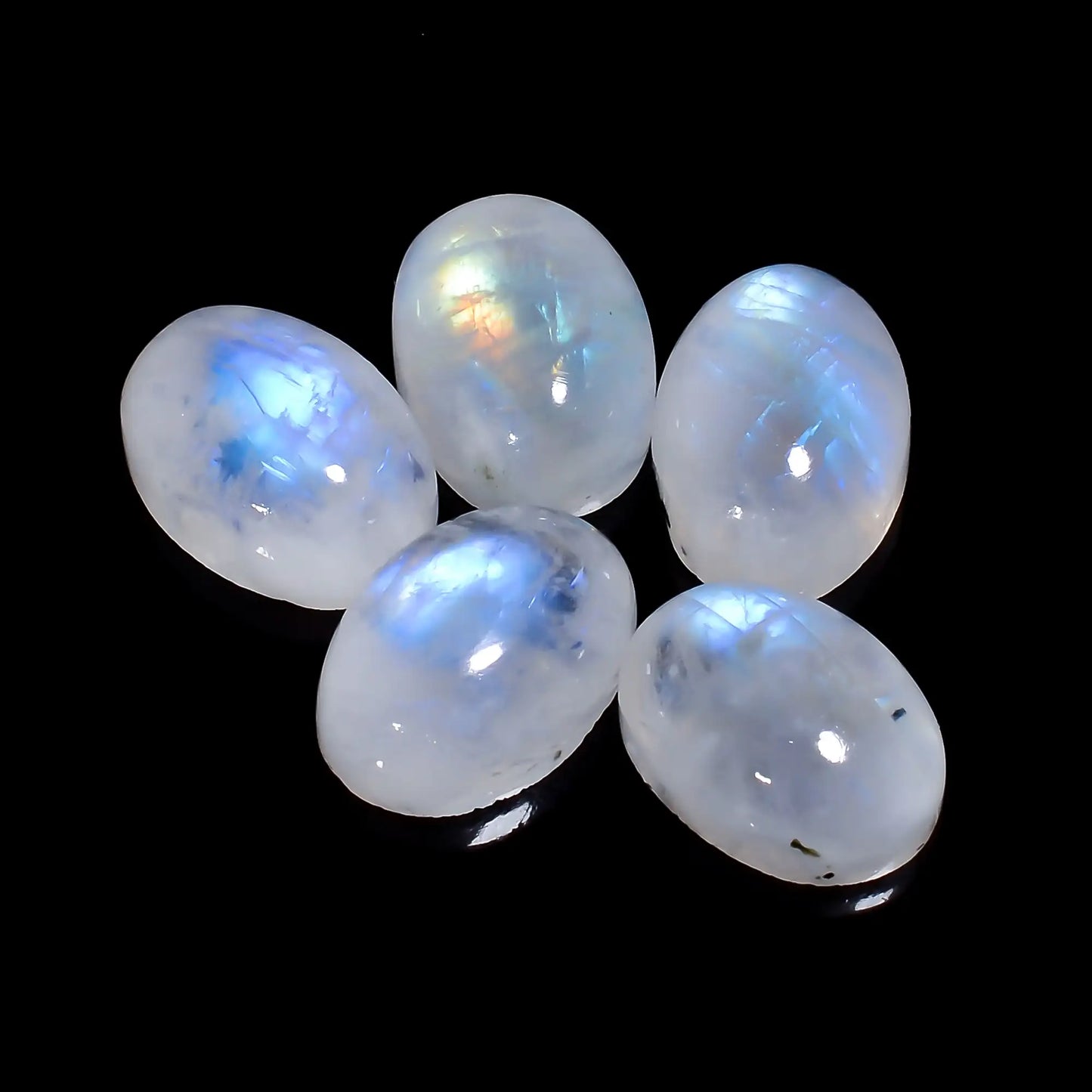 Elegant Top Grade Quality 100% Natural Rainbow Moonstone Oval Shape Cabochon Gemstone 5 Pcs Lot For Making Jewelry 36.5 Ct. 13X9X5 mm V-7684